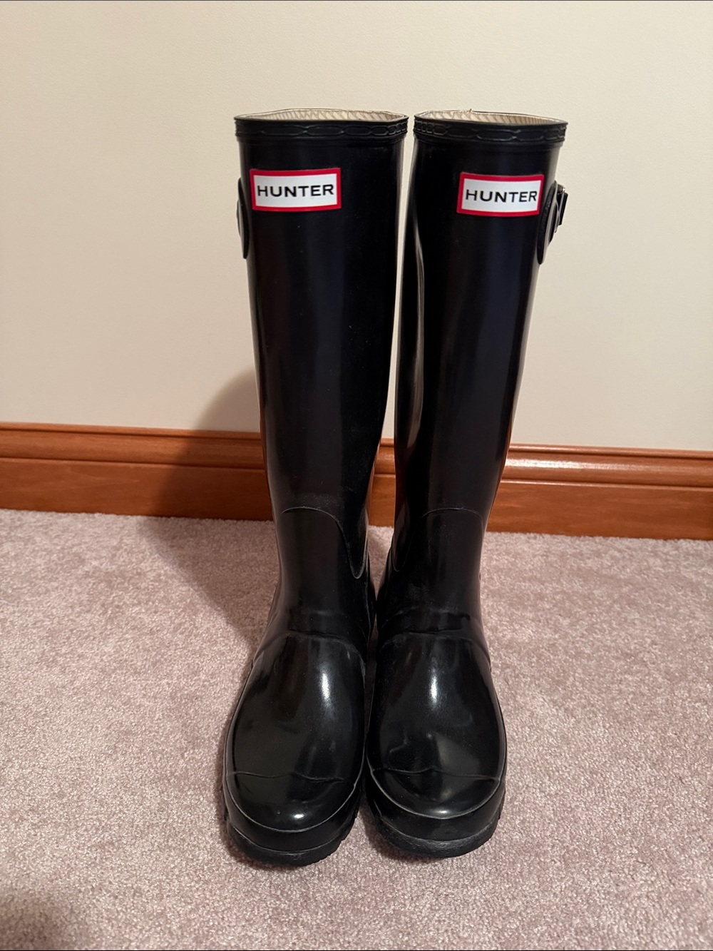 Hunter Glossy Black Tall Rain Boots with Red Logo